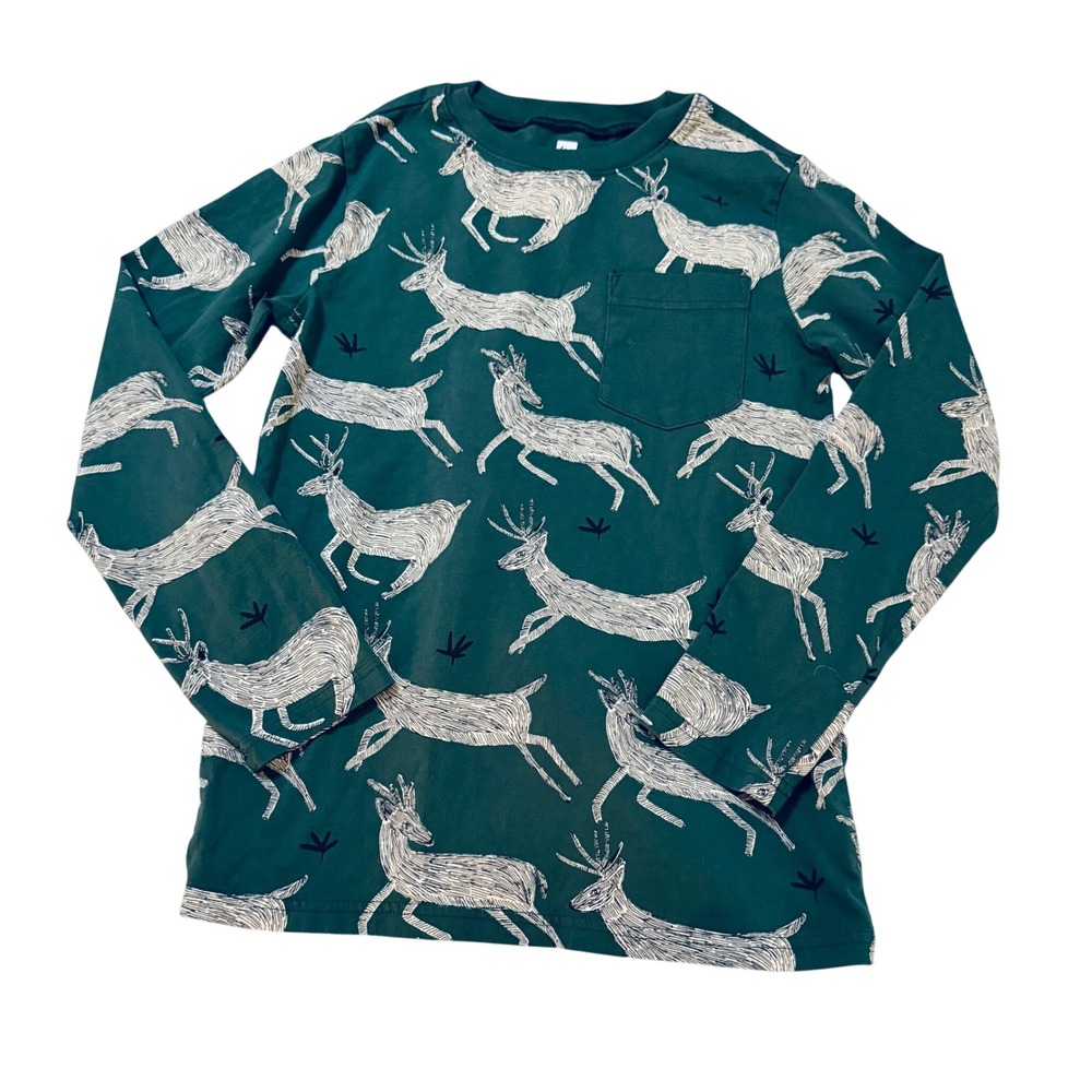 NWOT Tea Collection SZ 12 Boy Long Sleeve Green Shirt White Reindeer 100% Cotton